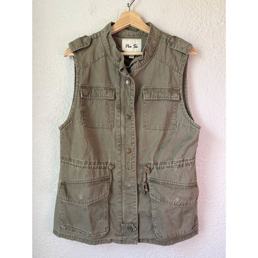 Per Se Womens Olive Green Utility Vest Cotton Cargo Military Field Jacket Large